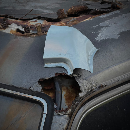 High top 60 Series Land Cruiser front roof corner rust repair panel, pressed steel, formed to factory profile